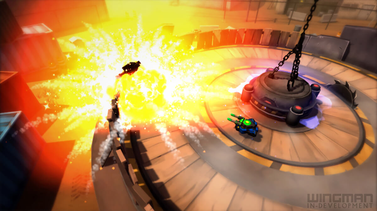 Screenshot of student game Wingman in which two hoverships battle inside a circular wood arena with saw blades and explosions.