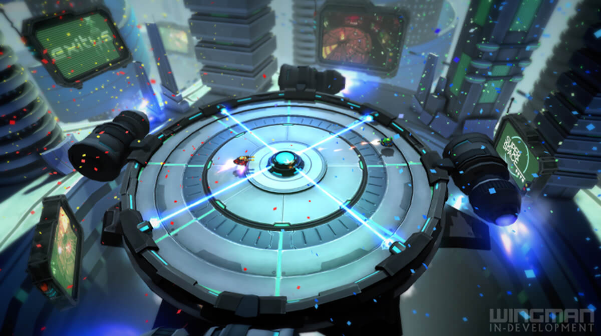 A hover-tank with a yellow machine gun turret and a red base, and another with a green turret and blue base face off in a futuristic arena.