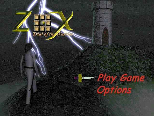 A GIF of a menu screen featuring a warrior approaching a castle tower, as well as the player pushing eggs, from the game Zox.