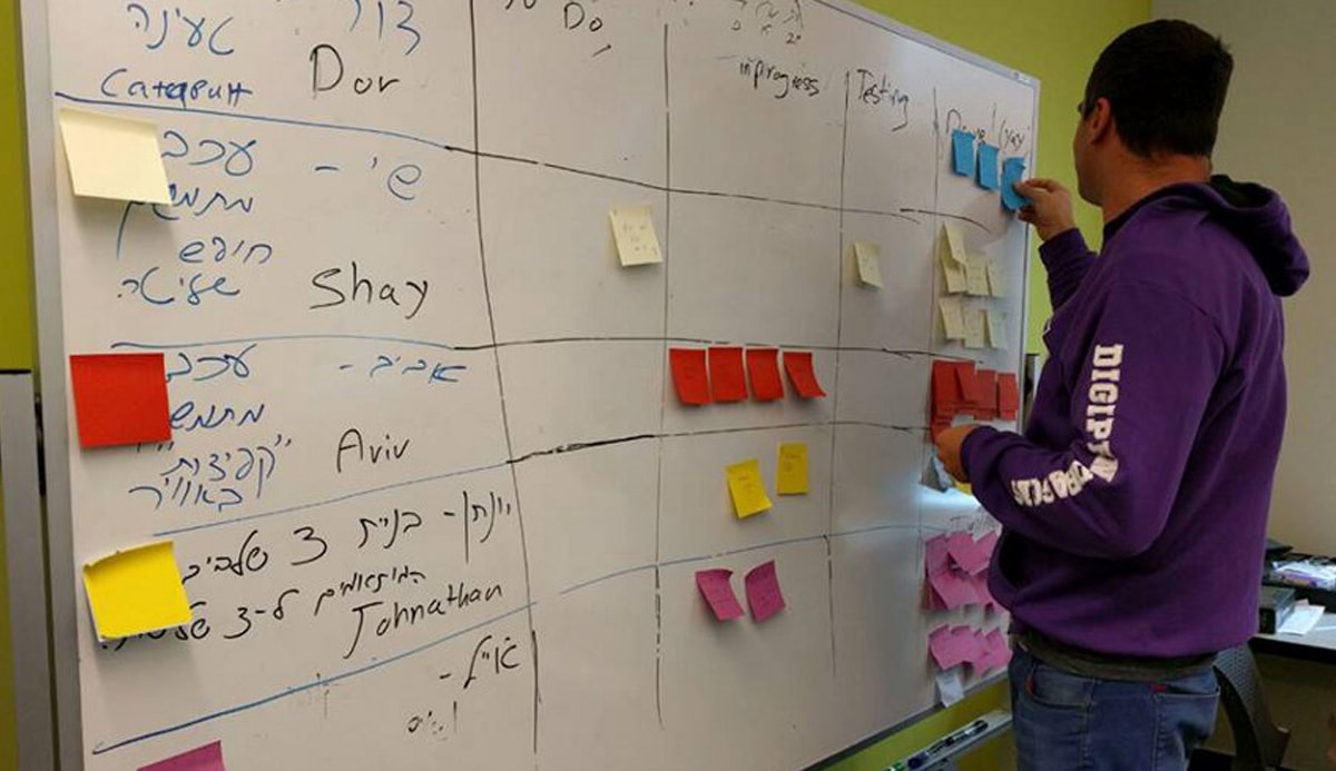 Tiltan School student tracks progress on game projects with sticky notes on a task board