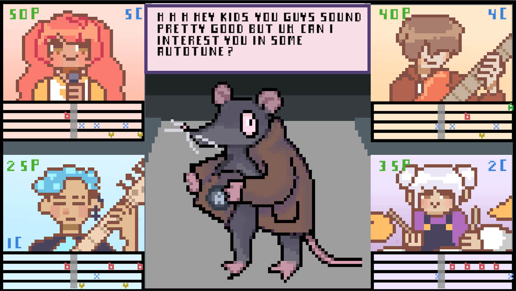Game screenshot of four rock band musicians rehearsing a song while a rat character speaks to the group