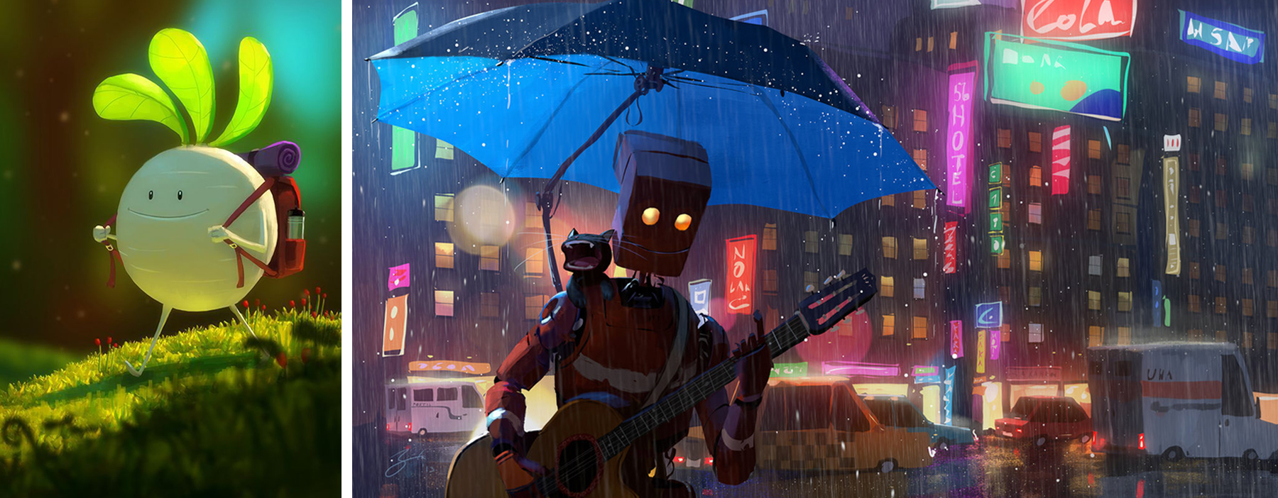Two digital paintings of a radish character and a robot playing guitar in the rain by Goro Fujita.