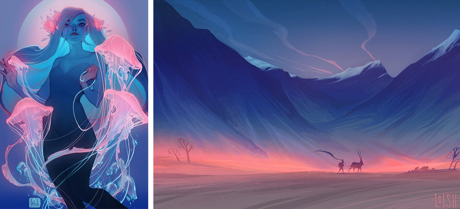 Two digital paintings of a woman with jellyfish and a pink and blue mountain landscape by Loish.