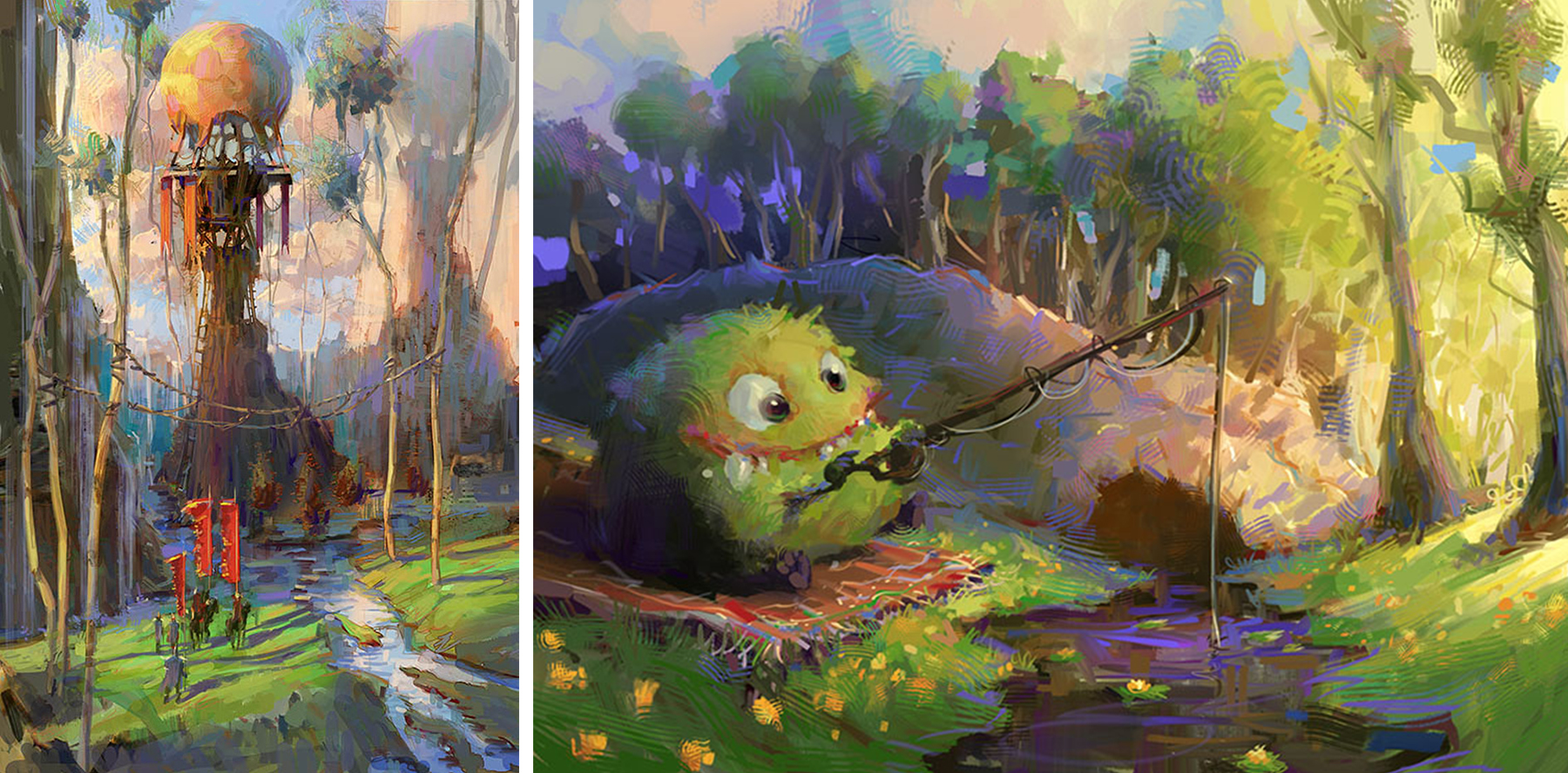 Two digital paintings of a tower in a bog and a bush character fishing by Marco Bucci.