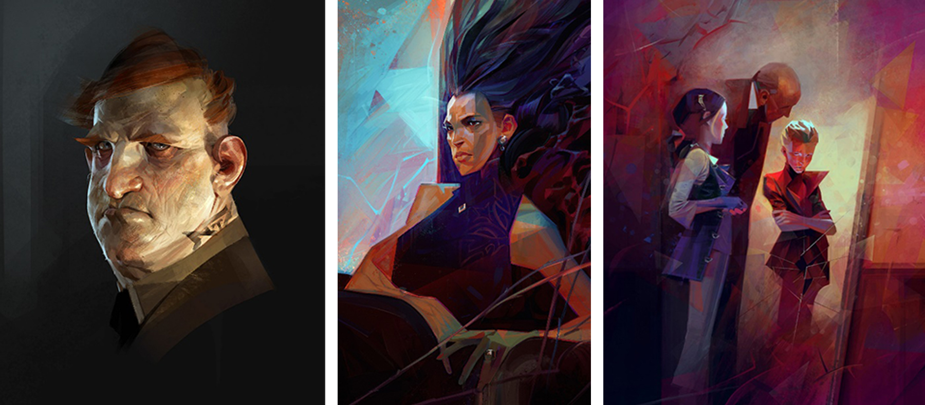 Three moody digital portraits of a man, woman and children by Sergey Kolesov.