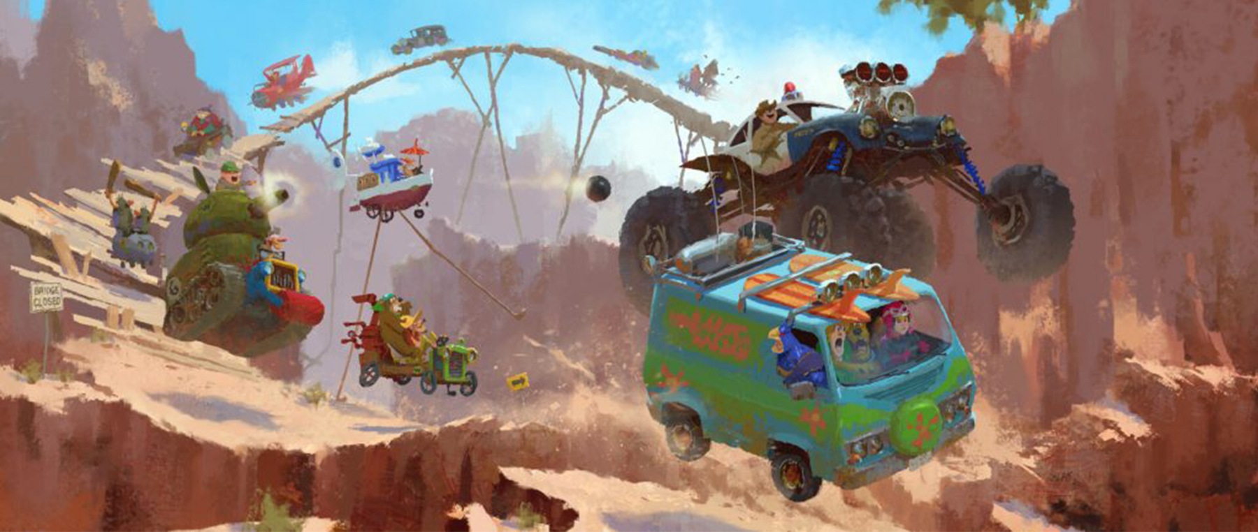 A digital painting of the Scooby-Doo Mystery Machine driving over a canyon by Zac Retz.