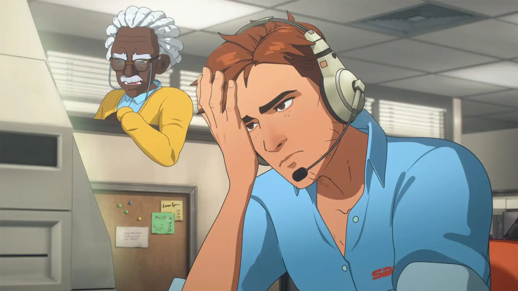 Dispatch player character Robert makes an
exasperated expression at his call center desk wearing a headset.