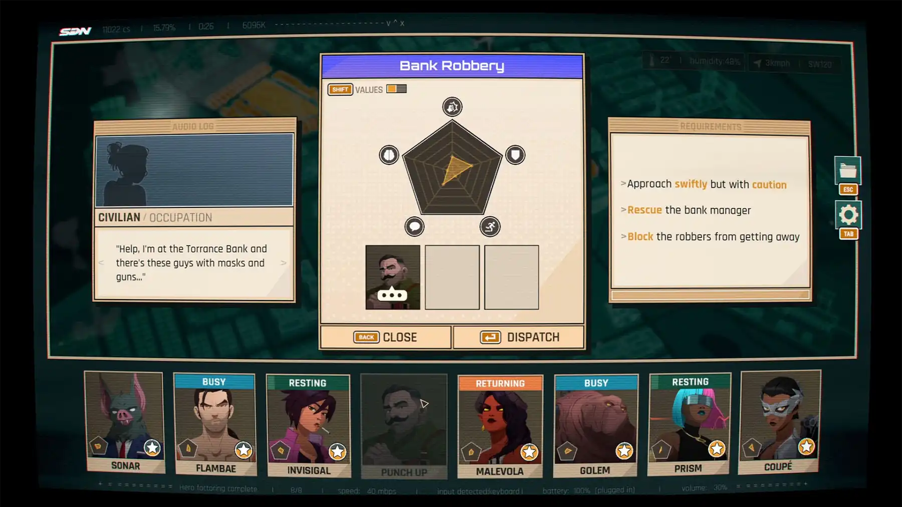 A screenshot of the Dispatch’s actual dispatching gameplay, showing a roster of available heroes and a menu explaining the crime in progress.
