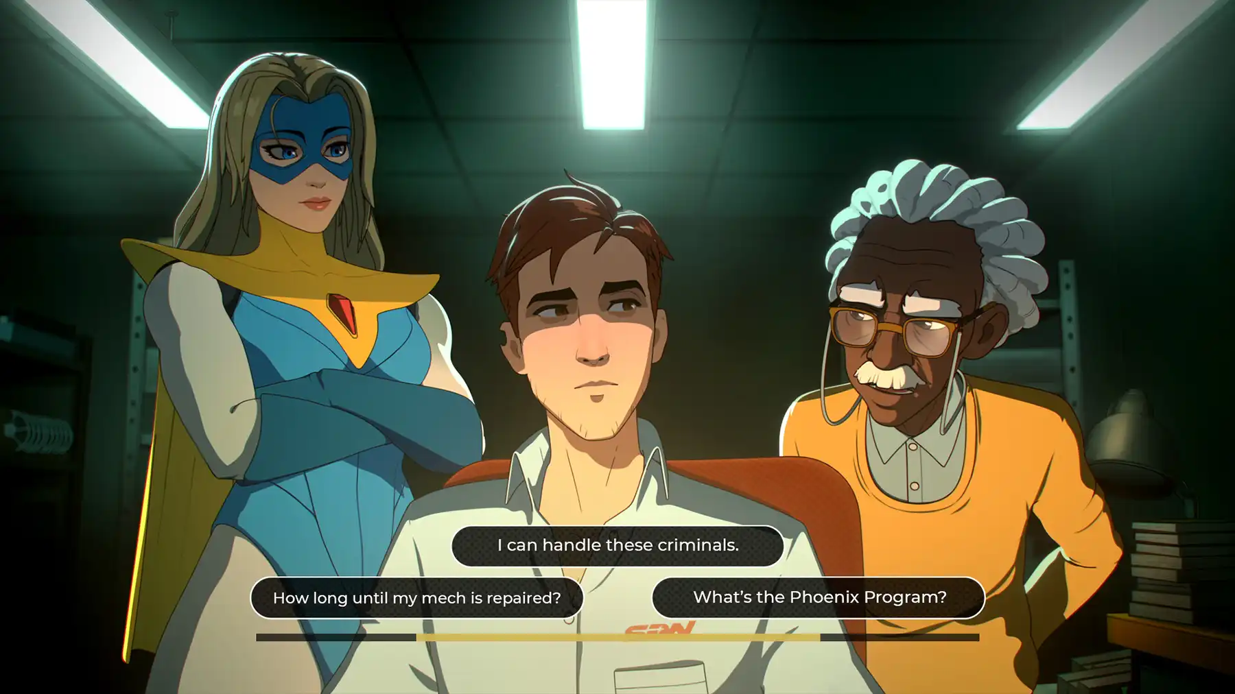 A superhero and two office workers from Dispatch sit under fluorescent lights as a dialogue tree appears.