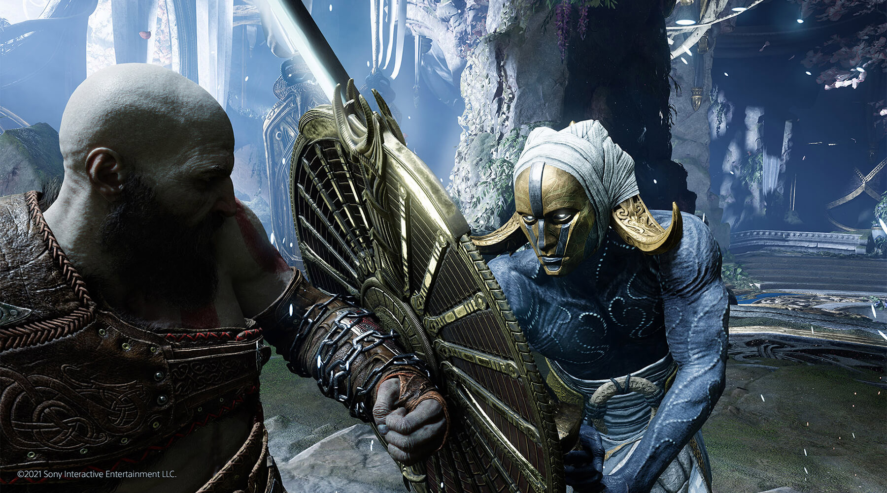 Kratos uses his shield to block a light elf’s sword attack in Alfheim.