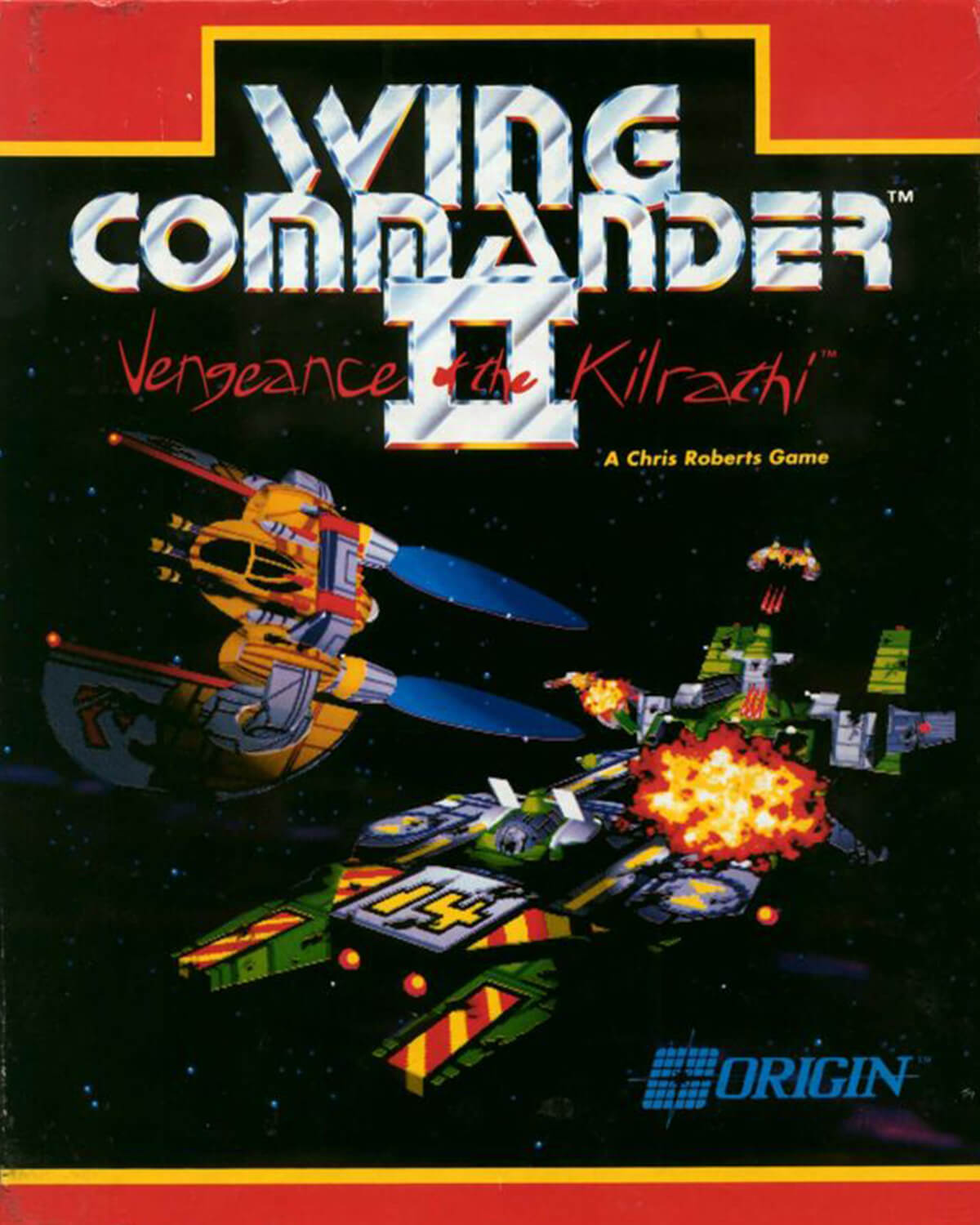 The box art for Wing Commander II: Vengeance of the Kilrathi, depicting two spaceships.