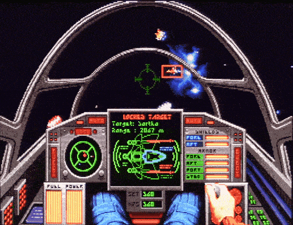 A first-person view of a Wing Commander II player shooting enemies from their a spaceship cockpit.