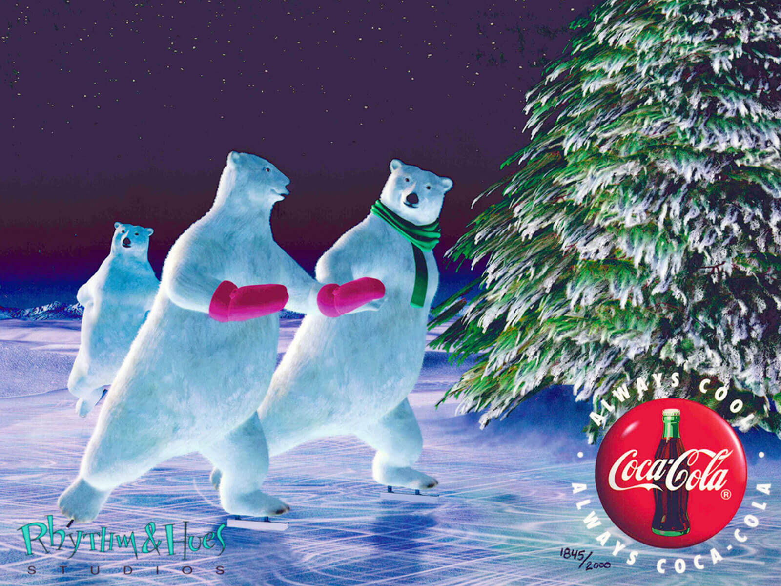 Two polar bears in a scarf and mittens ice skate past a snowy tree.