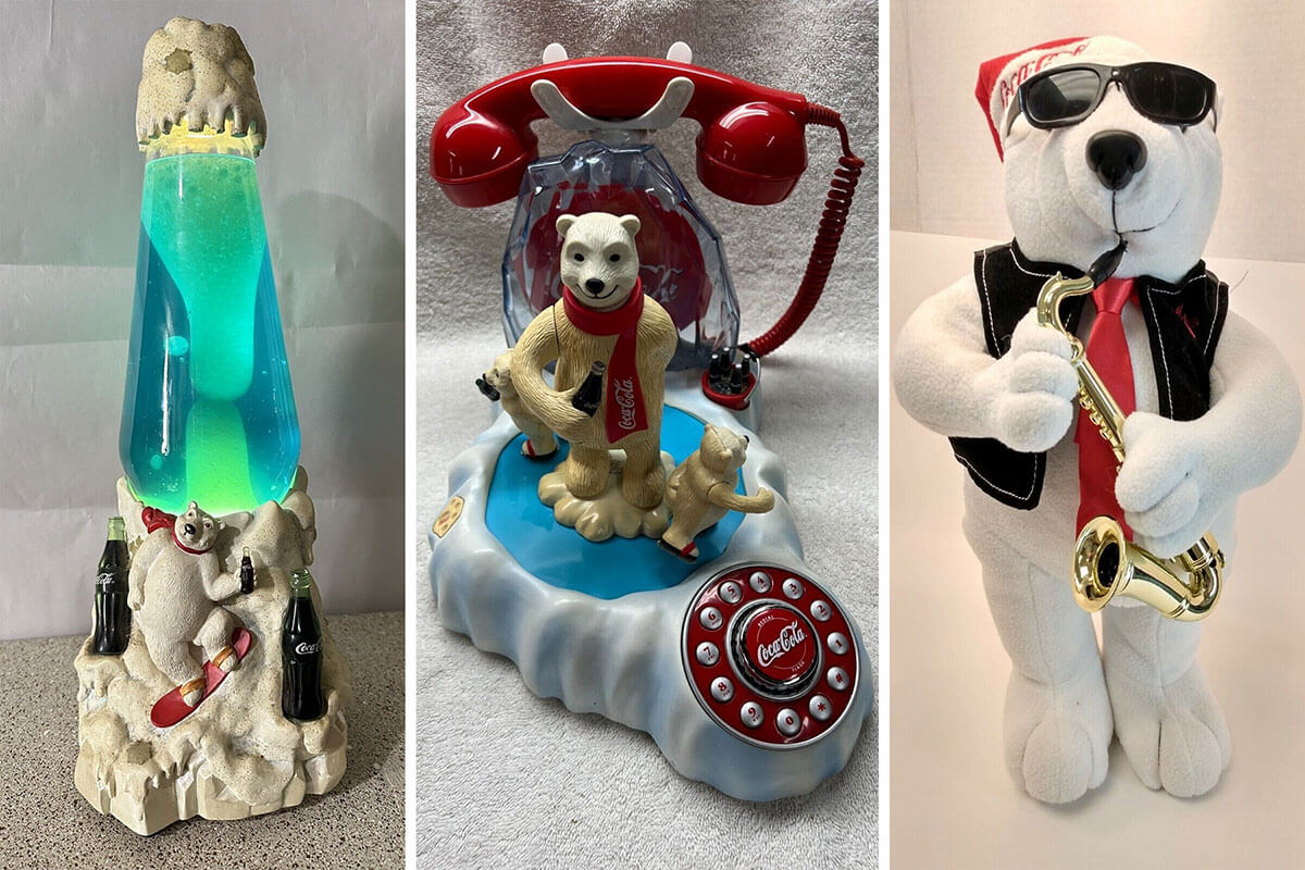 A Coca-Cola polar bear lava lamp, landline telephone, and sax-playing animatronic figurine.