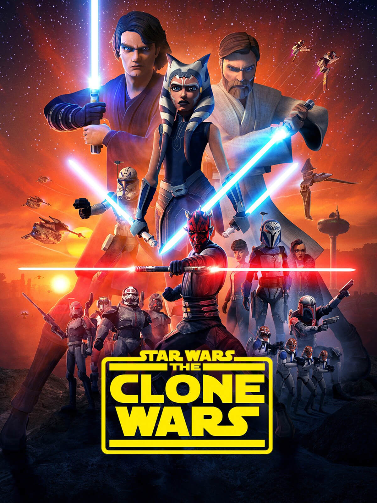 A promo image displaying the cast of characters from the Star Wars: The Clone Wars animated series.
