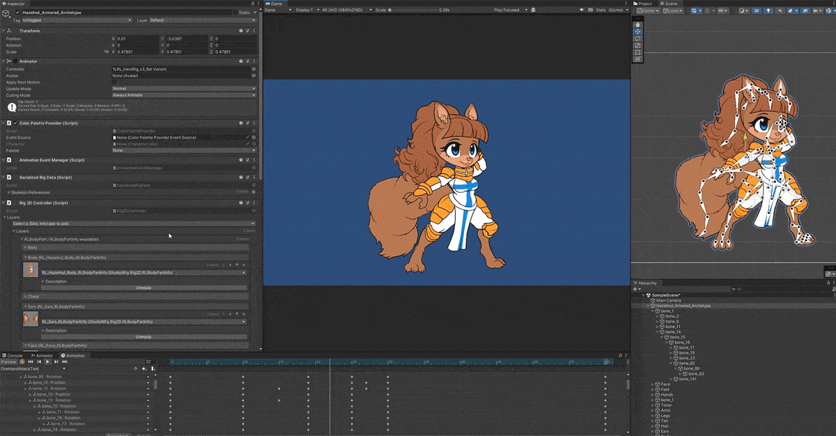A demo of Rig2D showing a squirrel knight character doing a swipe attack.