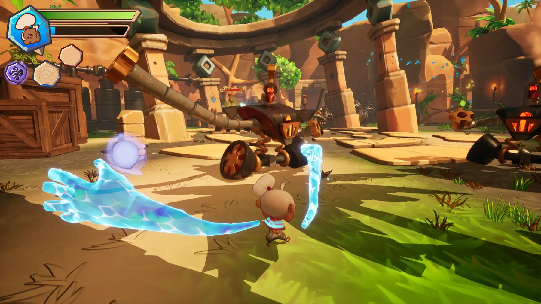 A small human warrior with enormous arms made of water punches a robot enemy.