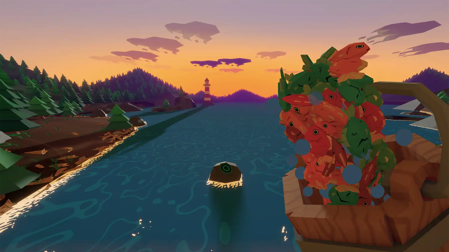 Fish flop out of a bucket high above a lake with a lighthouse in the distance.