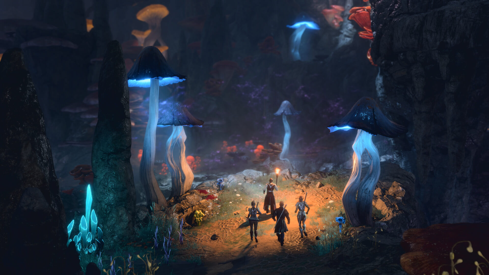 Baldur’s Gate 3 screenshot of a party of four adventurers exploring a dark cavern with towering fungi.