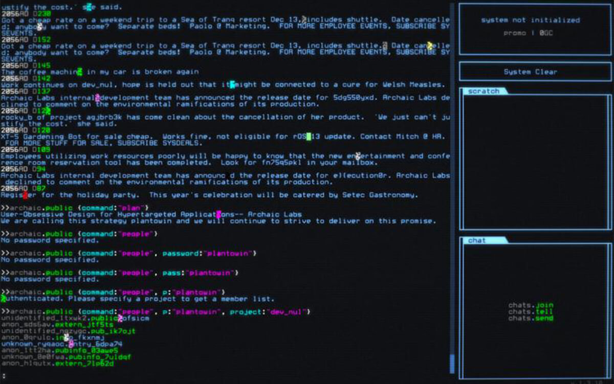 A screenshot from the game hackmud, depicting depicting an old graphical chat interface.