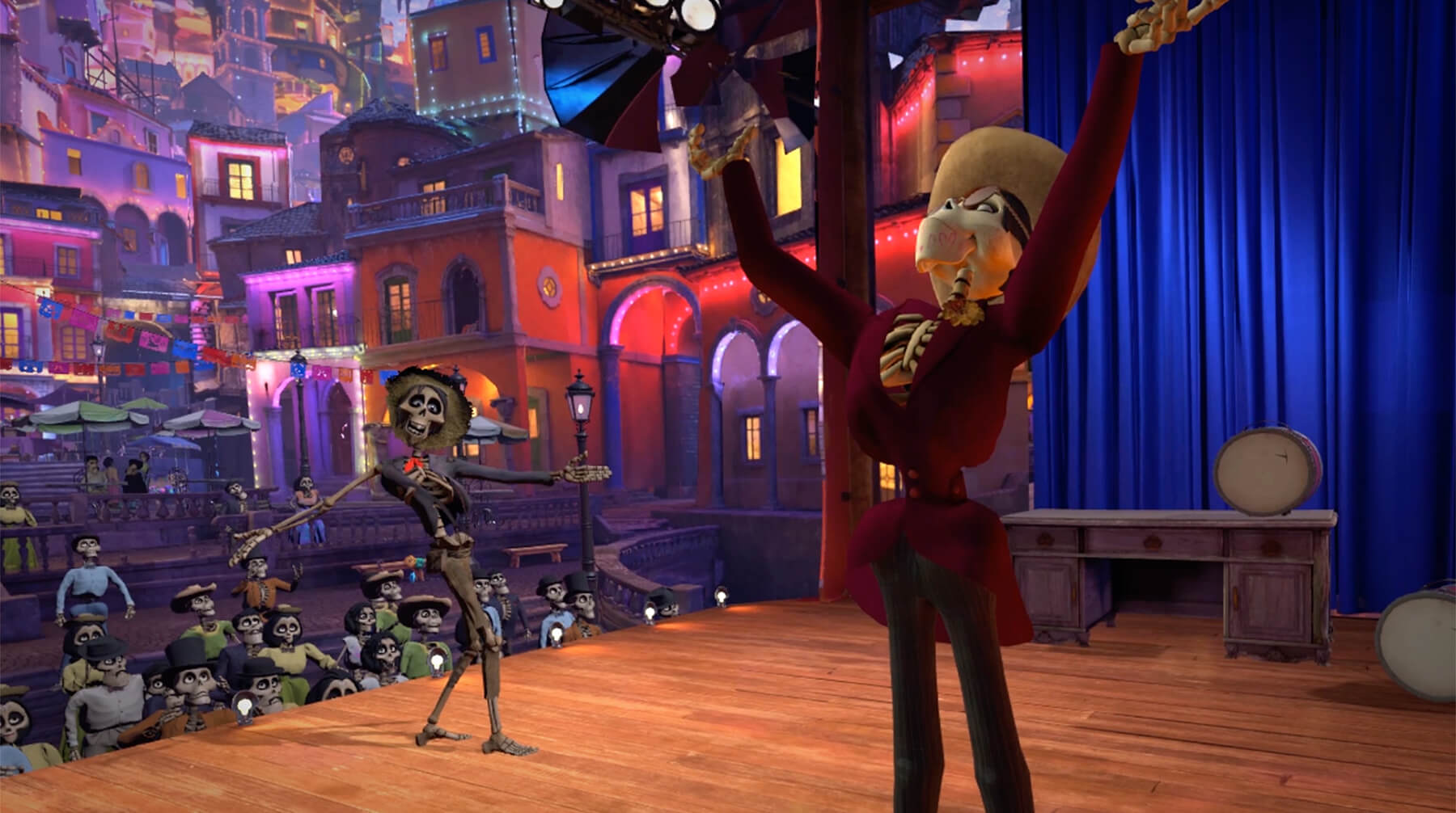 Coco character Hector stands alongside another skeleton on a stage in Coco VR's Land of the Dead.
