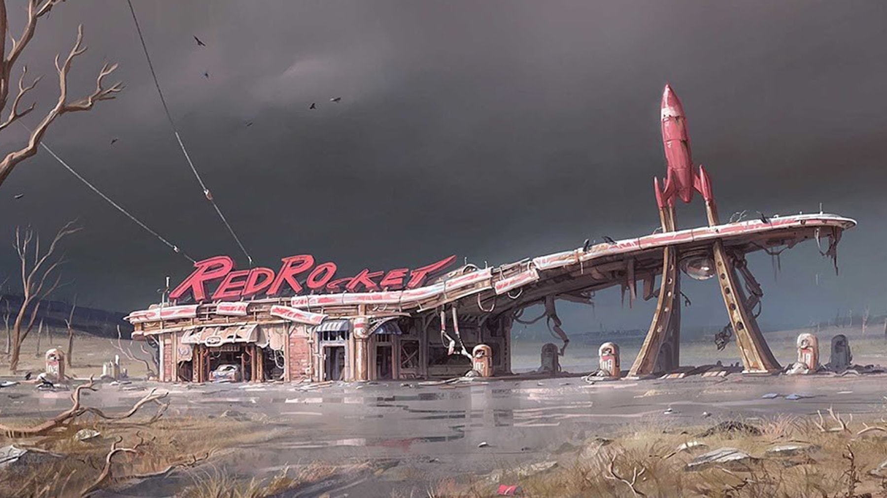 Illustration of the Red Rocket gas station in the post-apocalyptic wasteland of Fallout 4 by DigiPen grad Ilya Nazarov