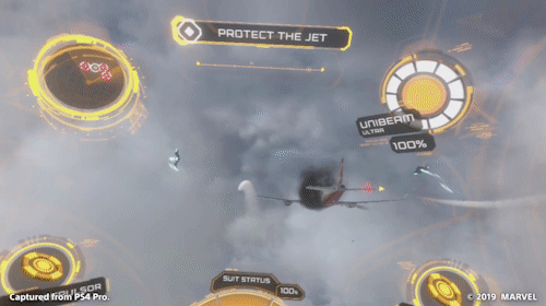 A brief segment of Marvel's Iron Man VR gameplay, featuring the player flying through the sky.
