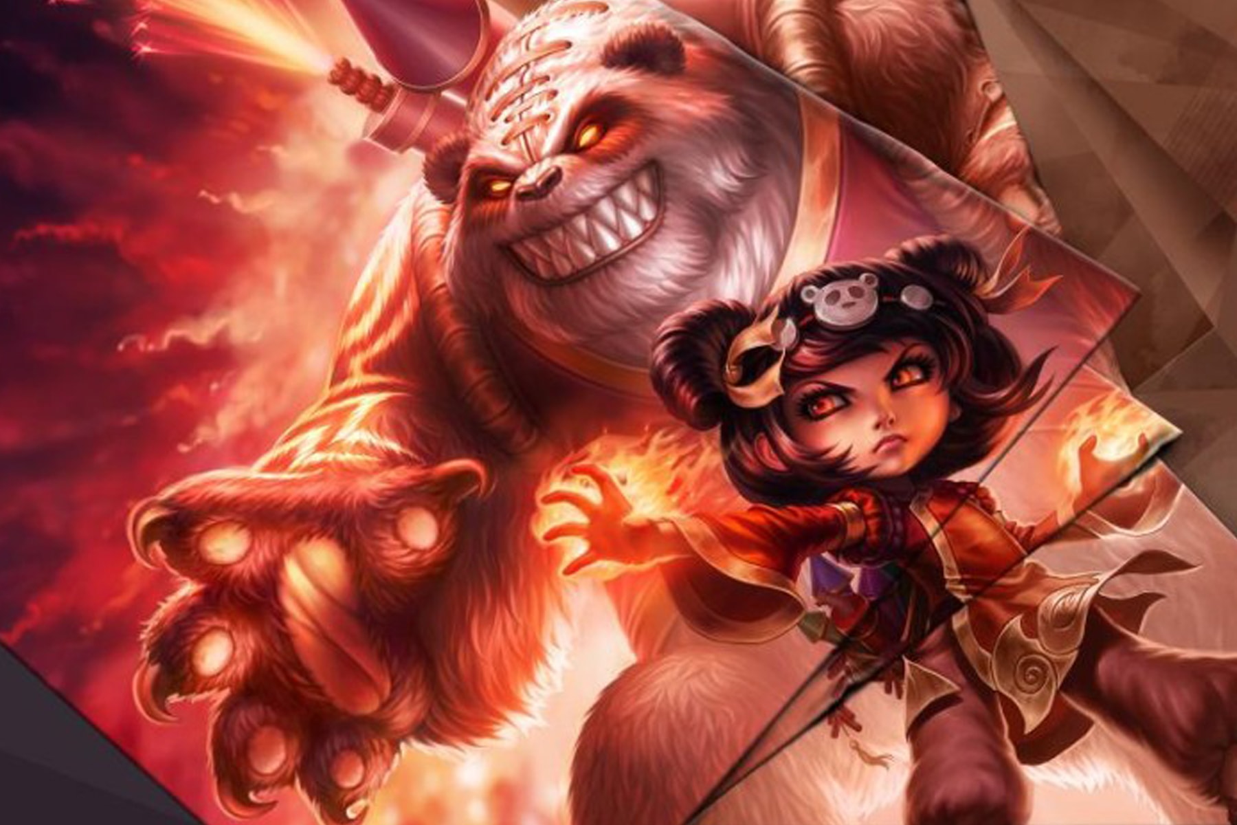 League of Legends character Annie and her giant pet bear menace an enemy against a fiery backdrop