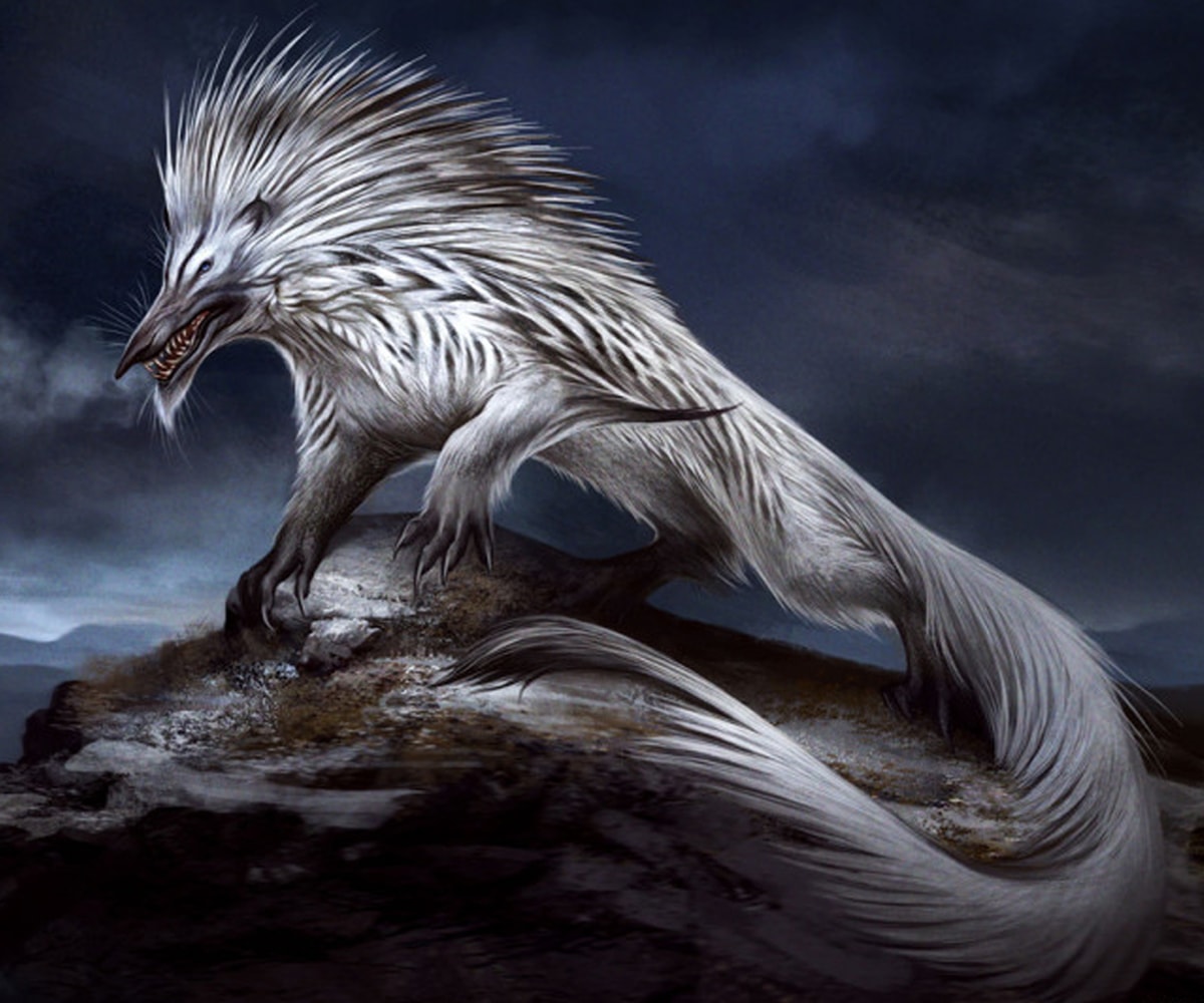Kate Pfeilschiefter's illustration of mythical wolf-like creature ichneumon against a stormy background
