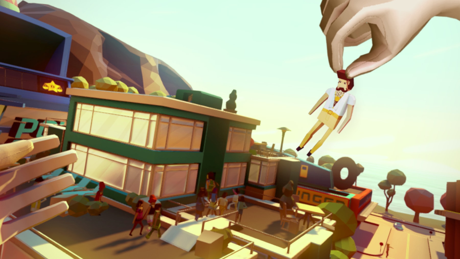 Screenshot from Giant Cop of a huge hand picking up and moving a game character