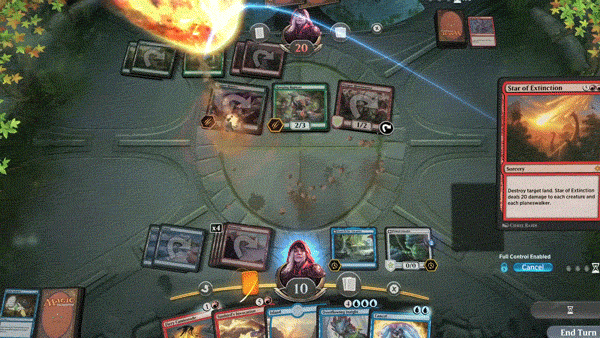  The Gathering Arena showing various card spells and attacks.