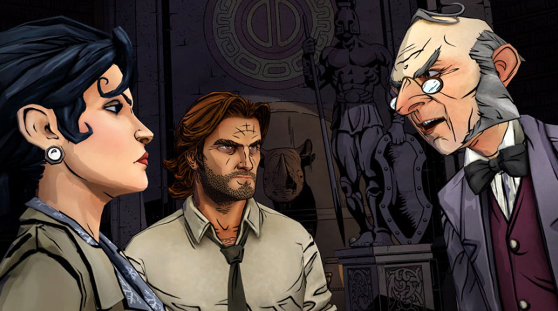 Screenshot of main character Bigby Wolf, with Snow White and mayor Ichabod Crane