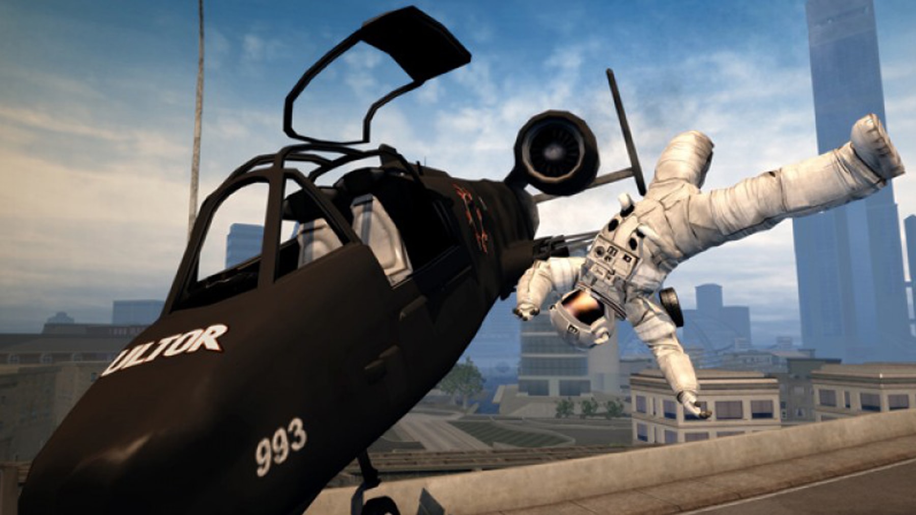 Screenshot of an astronaut falling out of a crashing plane from Saints Row 2