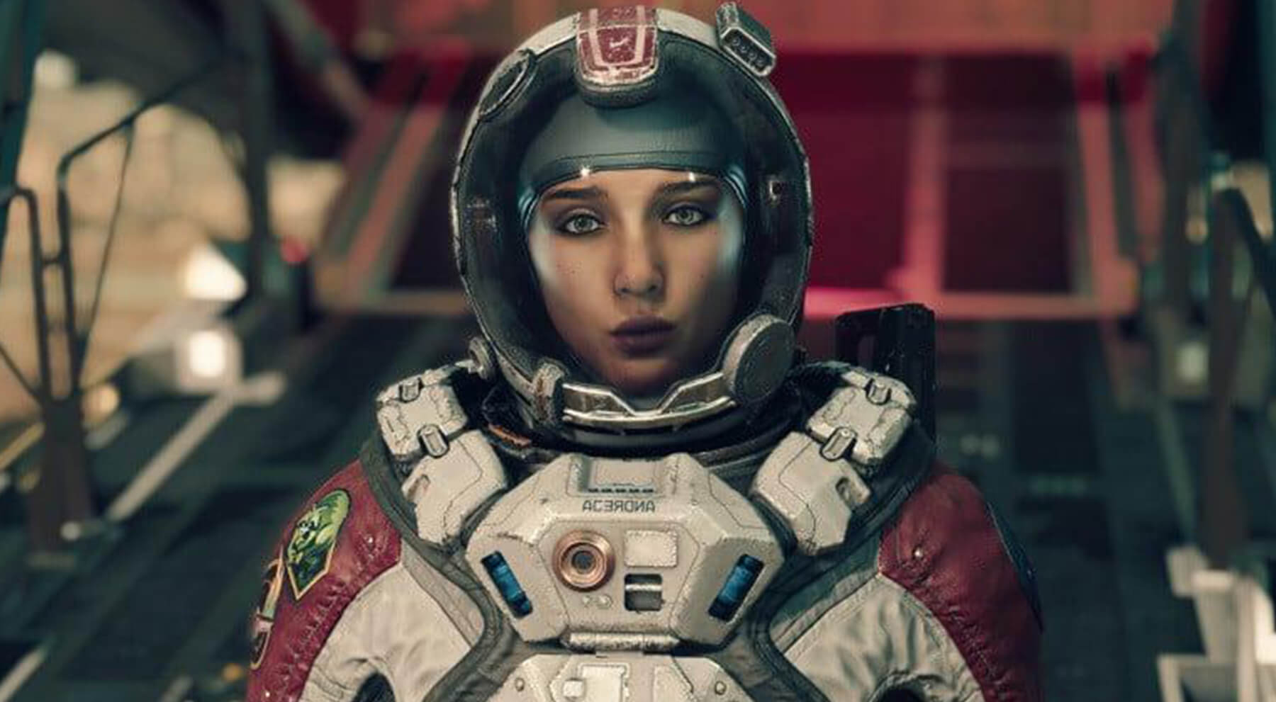 A female Starfield character wearing a space helmet.