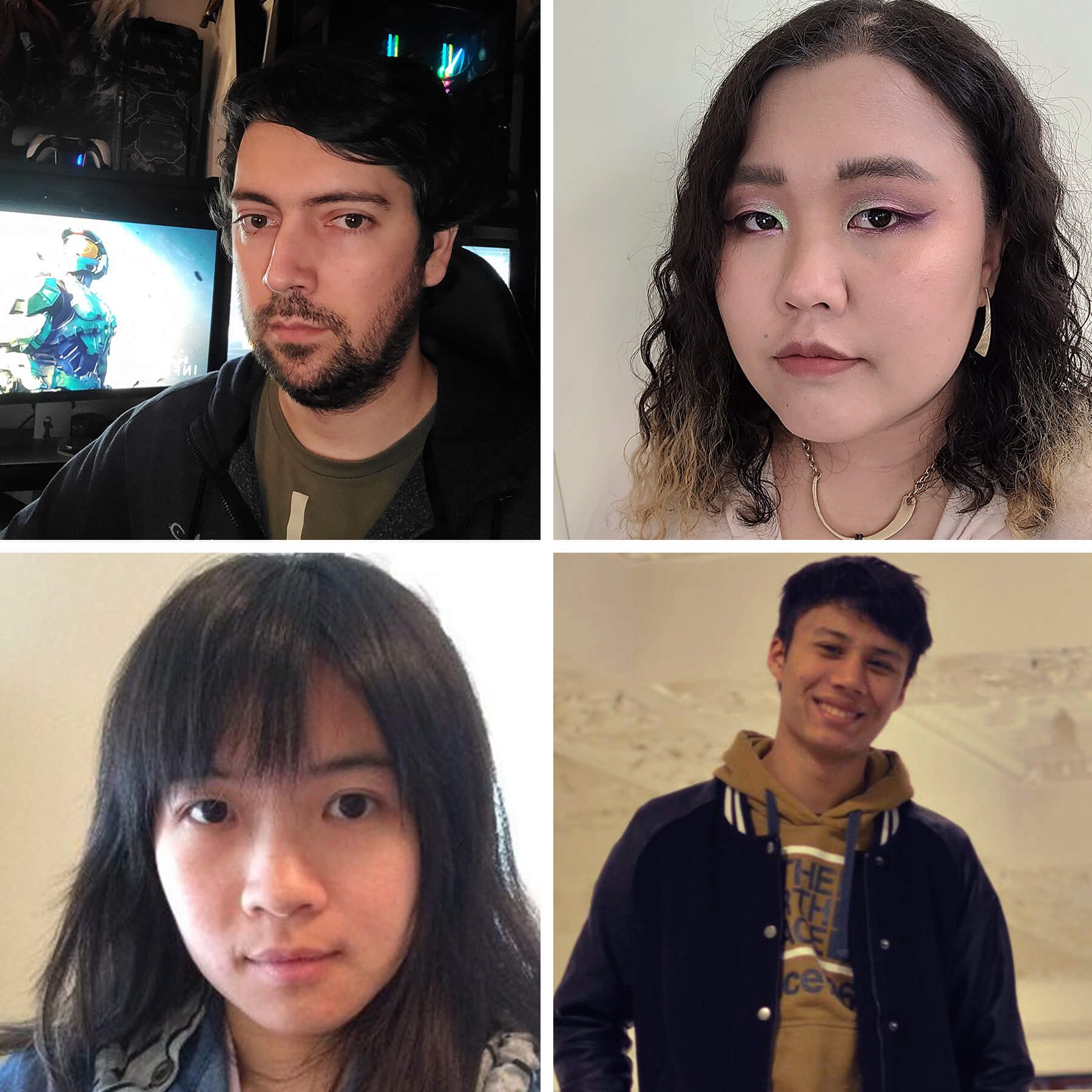 Headshots of 343 DigiPen alumni Tyler Zwiers, Nina Petchprapa, Thornton Prime, and Ivy Wu.
