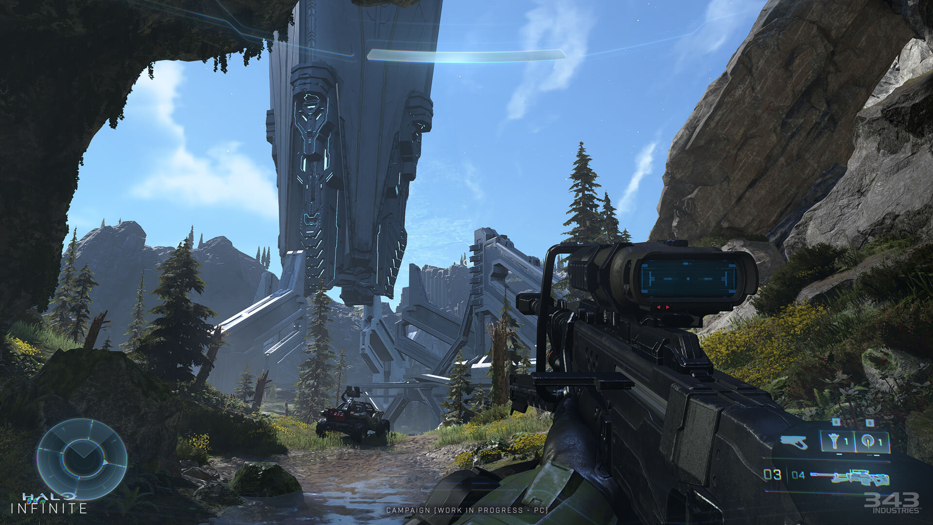 A screenshot from Halo Infinite showing the player holding a sniper rifle near a Warthog vehicle.