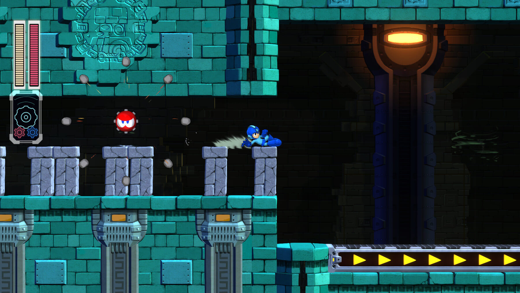 Blue robot slides across a stone platform