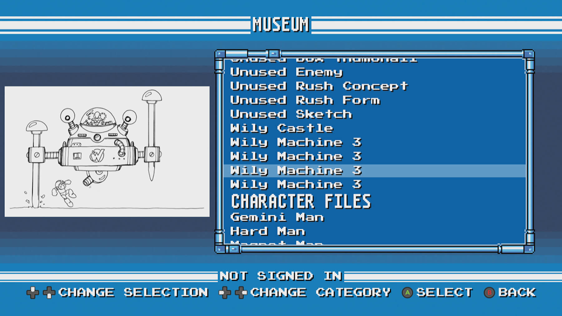 Screenshot from Mega Man Legacy Collection showing drawing of an in-game boss battle with series villain Dr. Wily.