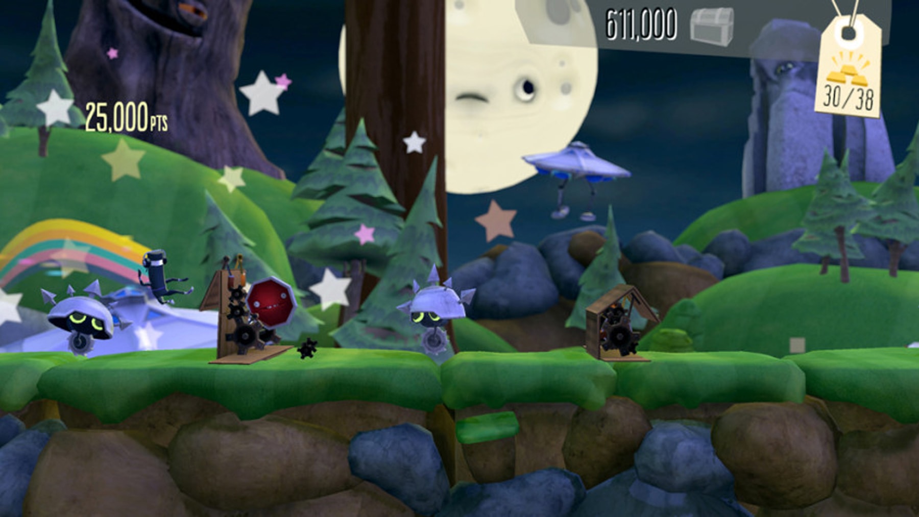 Screenshot of the UFO OMG level from Bit.Trip Runner 2, with a character running through a darkened landscape