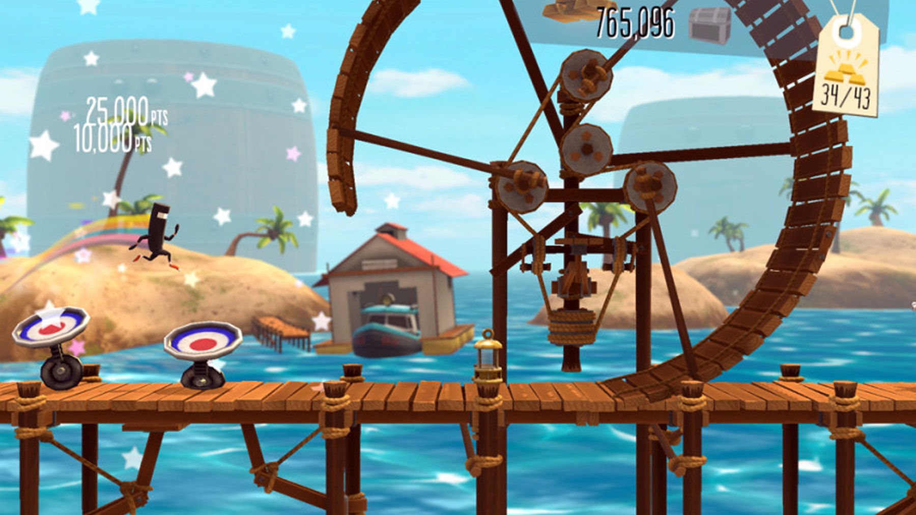 Screenshot of the Aquatic Symphonic level from bit.trip runner 2, with a character running on a wooden platform above water