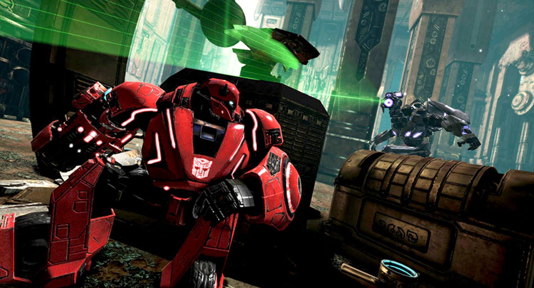 Illustration of Cliffjumper, a large red Transformer, crouching behind machinery to hide from an adversary