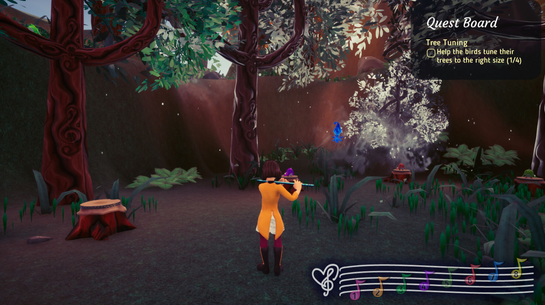 Renatta from the game Lirica plays flute to help magically resize trees.