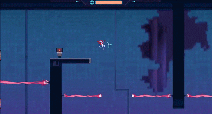 An animated GIF from Nohra showing the game’s hero Lupu slowing time and mid-air dashing to clear a series of lazer traps.