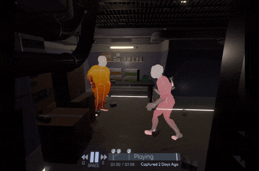 Two faceless characters hugging in an animated gif from the Fullbright Company's game Tacoma 