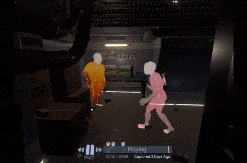 Two faceless characters hugging in an animated gif from the Fullbright Company's game Tacoma