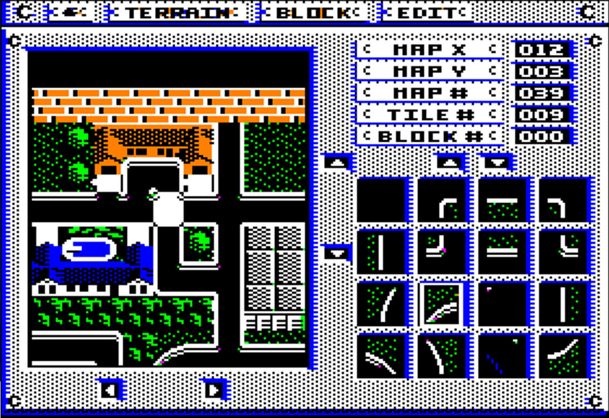 A screenshot from the game Omega, depicting a vintage graphical rendering of a city with building tiles.
