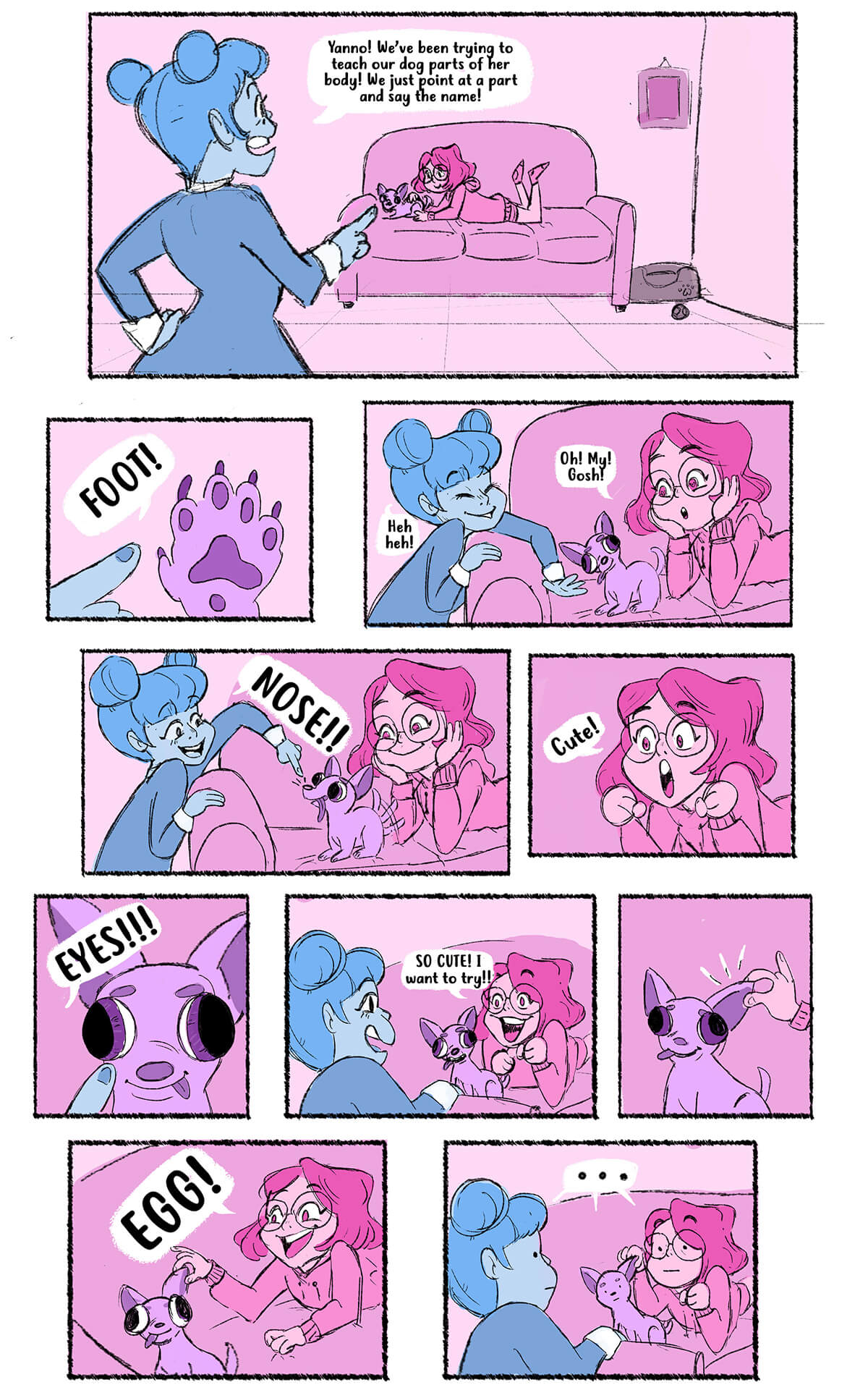A pink and blue comics page with panels following two characters and a dog.