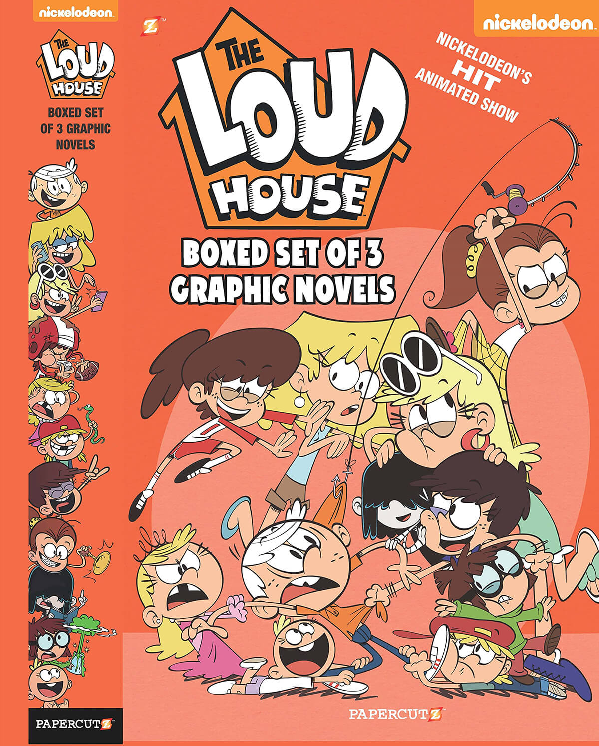 The cover of The Loud House graphic novel box set with illustrations of the show’s characters climbing over each other.