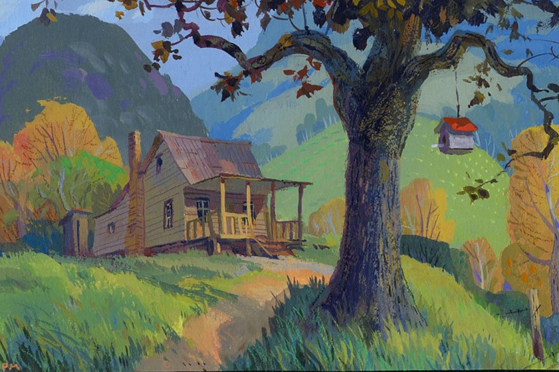 Peter Moehrle's painting of a cabin on a hill for the cancelled Disney project My Peoples