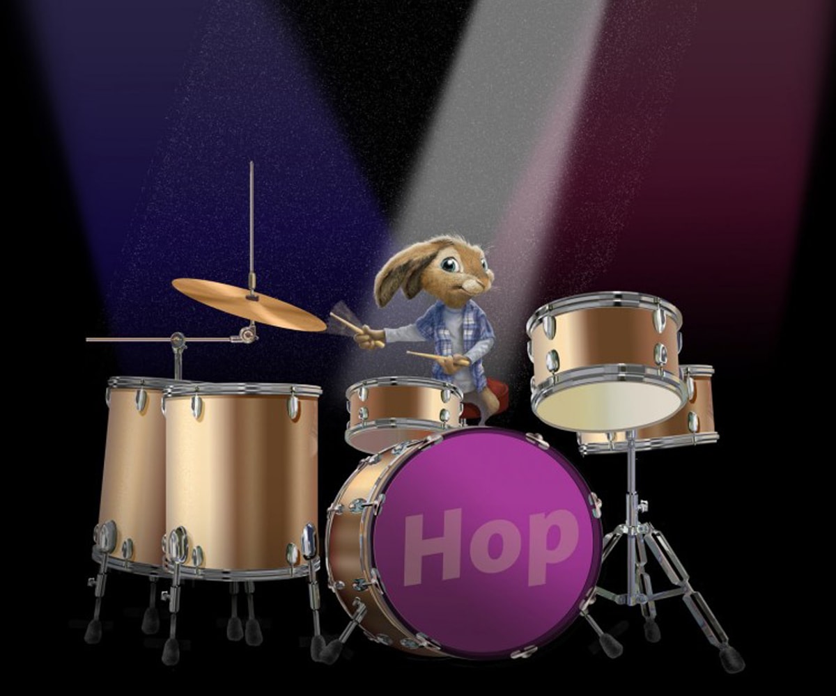Peter Moerhle's Photoshop painting of a bunny playing drums for Universal Pictures project Hop